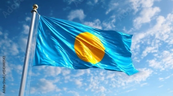 Fototapeta Celebrating independence day with the vibrant flag of Palau waving against a blue sky