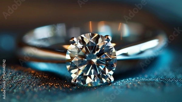 Fototapeta Exquisitely cut and polished round diamond sparkles and shines against a deep blue background.