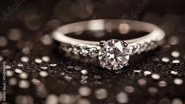 Fototapeta This is a stunning close-up image of a diamond engagement ring. The ring is made of white gold and features a round brilliant cut diamond.