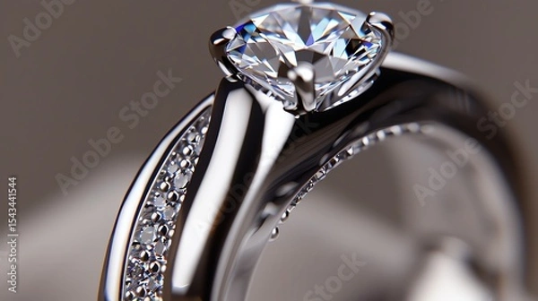 Fototapeta Exquisitely crafted platinum ring set with a large round brilliant cut diamond center stone and shimmering baguette cut diamonds on the band.