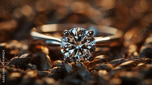 Fototapeta Close-up of a beautiful diamond engagement ring on a wheat field. The ring is made of white gold and has a round brilliant cut diamond in the center.