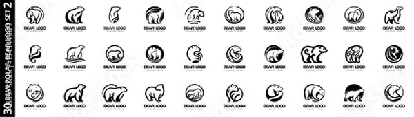 Obraz Set of 30 abstract polar bear logo templates in monochrome vector style. Ideal for branding, identity, and wildlife-themed designs.
