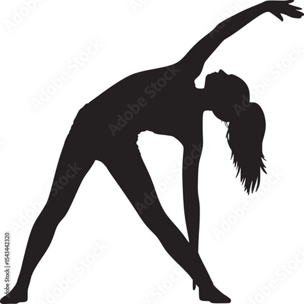 Fototapeta Silhouette of a woman performing a triangle yoga pose with arm extended overhead on a white background