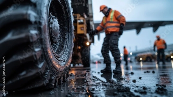 Fototapeta Skilled workers are seen operating heavy machinery in snowy conditions, showcasing resilience, teamwork, and the challenges of outdoor operations in winter weather.
