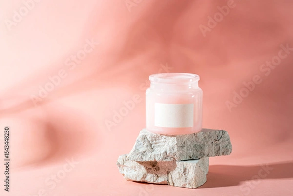Fototapeta Cosmetic jar with blank label on stone podium over pastel pink background with light and shadows. Mockup