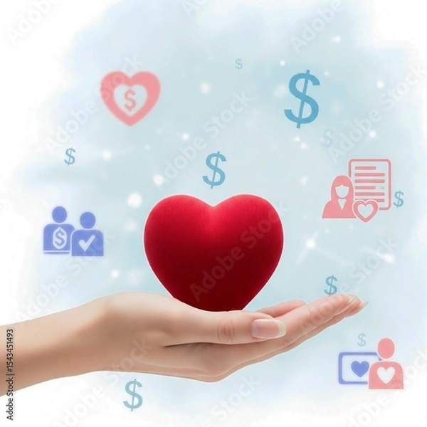 Fototapeta Generative ai image abstract soft background with dollar symbol, hand holding heart, charity icon on background, white and sky blue