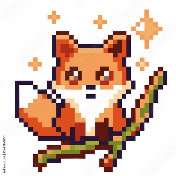 Fototapeta Pixel art cute fox sitting on branch with sparkling stars retro video game orange animal character, 8 bit illustration