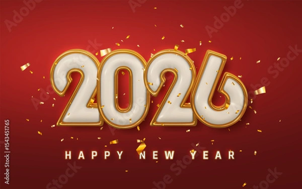 Fototapeta New Year 2026 Celebration With Golden 3D Numbers, Confetti, And Red Background. Festive Holiday Design Perfect For Greetings And Posters. Vector Illustration