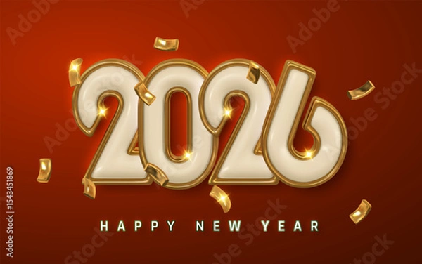 Fototapeta 2026 New Year Celebration with Golden Numbers, Sparkling Lights, and Flying Confetti on Red Background. Festive Party Design for Holiday Greeting. Vector Illustration