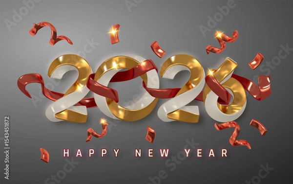 Fototapeta New Year 2026 Celebration With Gold And Red 3D Numbers, Flying Confetti, And Festive Ribbon On Dark Background. Perfect For Greeting Cards And Event Designs. Vector Illustration