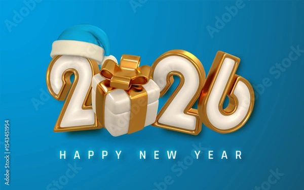Fototapeta Happy New Year 2026 Design with Gift Box, Golden Numbers, and Santa Hat on Blue Background. Festive Holiday Celebration Style for Greeting or Banner. Vector Illustration