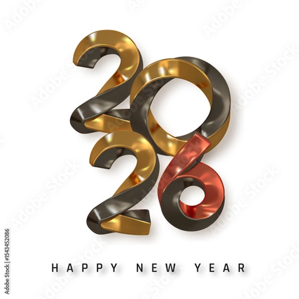 Fototapeta New Year 2026 Celebration Design with Shiny Metallic 3D Numbers in Gold, Black, and Red with Clean White Background. Festive Typography Vector Illustration
