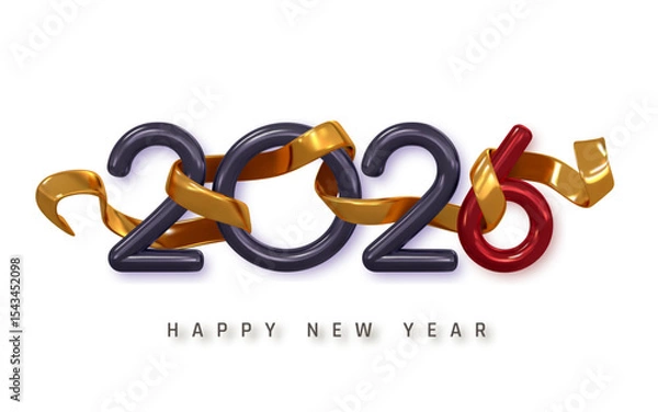 Fototapeta 2026 New Year Celebration with Glossy Numbers, Golden Ribbon, and Festive Modern Style on White Background. Elegant Holiday Party Design for Greetings and Events. Vector Illustration