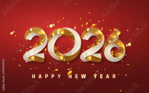 Fototapeta Happy New Year 2026 Text in Gold and White with Shiny Confetti on Red Background. Luxurious Holiday Celebration Style for Greeting Cards or Banners. Vector Illustration