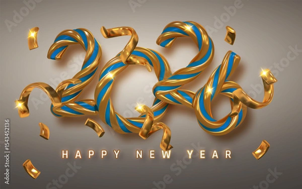 Fototapeta 2026 New Year Celebration Design with Twisted Gold and Blue Glossy Ribbon Numbers, Sparkling Confetti, and Festive Elegant Style on Gradient Background. Vector Illustration