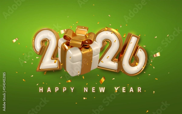 Fototapeta New Year 2026 Celebration With Gold Gift Box, 3D Numbers, And Confetti On Green Background. Festive Holiday Greeting Design. Vector Illustration