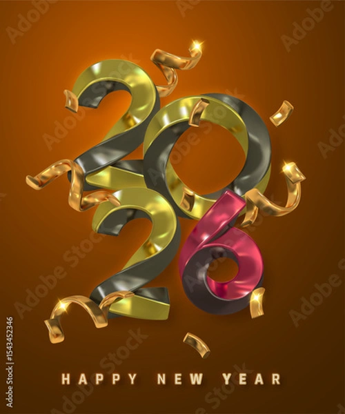 Fototapeta New Year 2026 Metallic Gold and Red 3D Numbers with Shiny Confetti on Warm Orange Background. Festive, Luxurious Holiday Typography. Vector Illustration