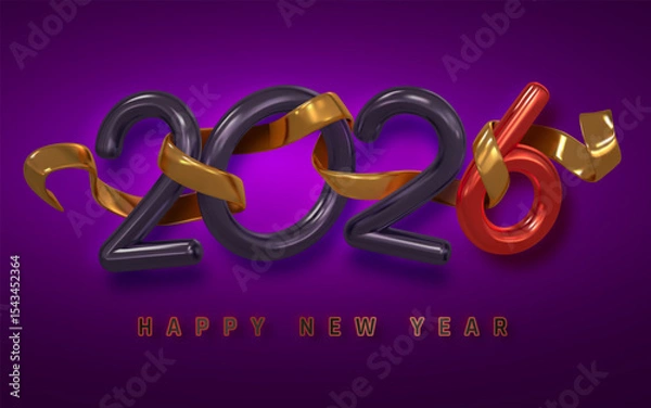 Fototapeta New Year 2026 Celebration Banner With 3D Numbers, Gold Ribbon, And Vibrant Purple Background. Modern Festive Holiday Greeting Design. Vector Illustration