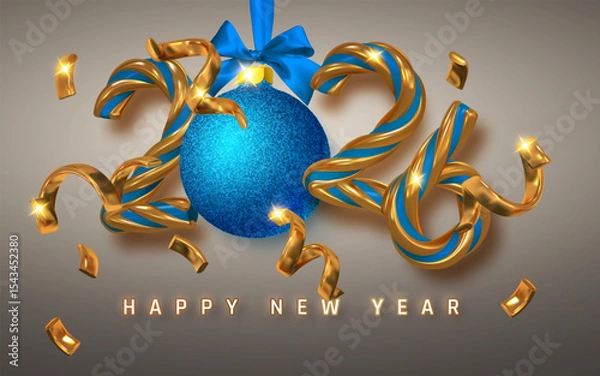 Fototapeta Luxury New Year 2026 Greeting With Gold and Blue Ribbon Numbers, Glitter Ornament, and Confetti on Elegant Background. Festive Holiday Design. Vector Illustration