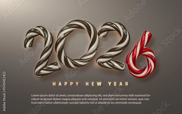 Fototapeta New Year 2026 Candy Cane Style Numbers with Festive Red and Chocolate Swirls on Elegant Gradient Background. Sweet Holiday Celebration Theme. Vector Illustration