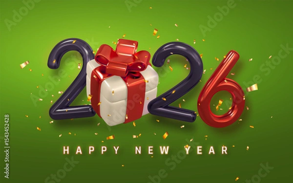 Fototapeta New Year 2026 Celebration With Red Gift Box, Glossy 3D Numbers, and Confetti on Green Background. Festive Holiday Greeting Design. Vector Illustration