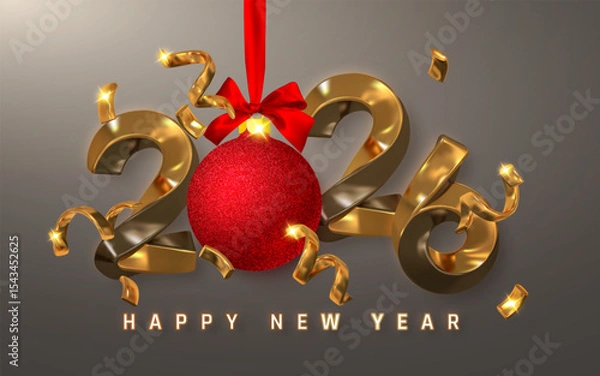 Fototapeta New Year 2026 Gold 3D Numbers with Sparkling Red Christmas Ornament and Confetti on Elegant Dark Background. Festive Holiday Celebration Typography. Vector Illustration