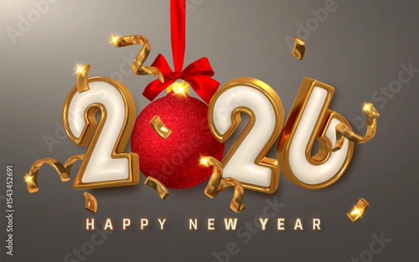 Fototapeta New Year 2026 Celebration Background With Golden Numbers, Red Christmas Ball, Ribbon And Confetti On Dark Background. Festive Holiday Design. Vector Illustration