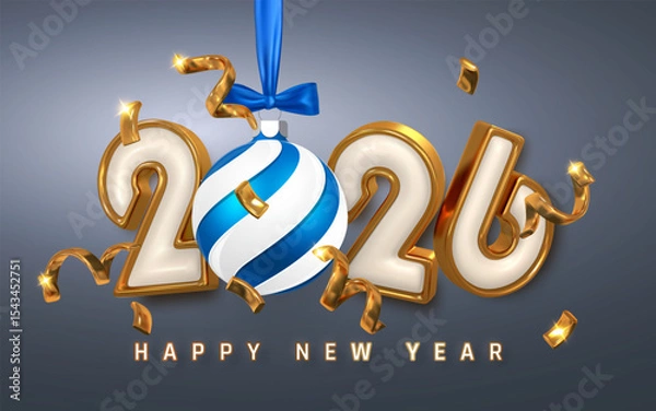 Fototapeta New Year 2026 Celebration With Golden Numbers, Shiny Ribbon, And Christmas Ball On Dark Background. Elegant Festive Holiday Design. Vector Illustration