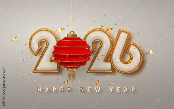 Fototapeta New Year 2026 Celebration With Red Lantern, Golden 3D Numbers, And Festive Confetti On Elegant Background. Perfect For Holiday And Chinese Themed Designs. Vector Illustration