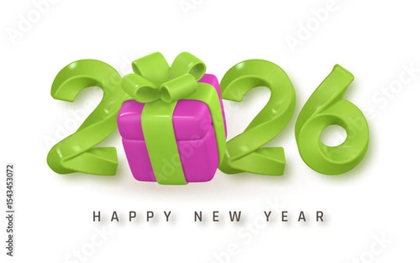 Fototapeta New Year 2026 Gift Design With Bright 3D Numbers And Colorful Present Box In The Center. Fun And Festive Style For Holiday Cards, Posters, And Web Banners. Vector Illustration