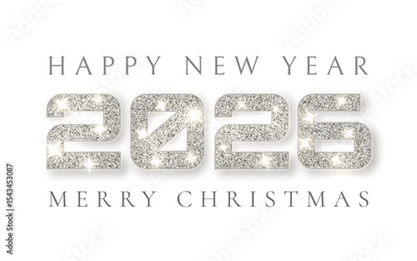Fototapeta New Year 2026 Silver Glitter Text With Merry Christmas Message On White Background. Elegant Festive Holiday Design For Winter Celebration. Vector Illustration