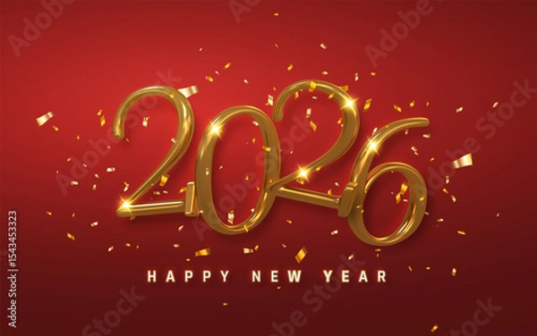 Fototapeta Happy New Year 2026 Celebration with Golden Text, Sparkling Lights, and Confetti on Red Background. Perfect for Festive Greeting Designs. Vector Illustration