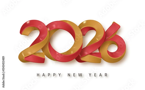 Fototapeta New Year 2026 Red And Gold 3D Numbers With Glossy Ribbon Style Design. Festive Holiday Concept Perfect For Greeting Cards, Posters, And Digital Banners. Vector Illustration