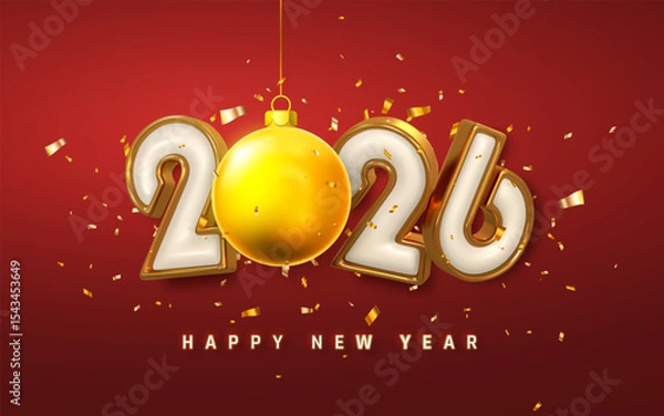 Fototapeta Happy New Year 2026 with Elegant White and Gold Numbers, Golden Christmas Ball, and Confetti on Red Background. Luxury Holiday Celebration Theme. Vector Illustration