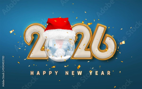 Fototapeta New Year 2026 Celebration With Golden Numbers, Santa Hat, Snow Globe, and Confetti on Blue Background. Festive Holiday Design. Vector Illustration