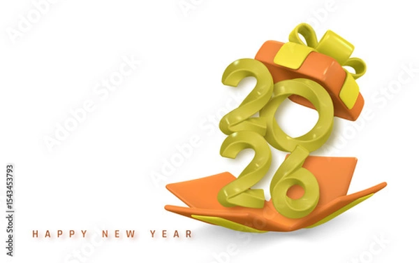 Fototapeta New Year 2026 Celebration Gift Box With 3D Numbers And Ribbon in Orange and Yellow Colors. Festive Holiday Design. Vector Illustration