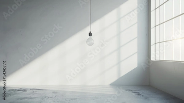 Obraz A minimalist white room with a hanging light bulb, casting soft shadows and sunlight, showcasing simplicity and spaciousness in design.