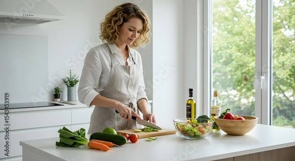 Fototapeta Healthy Cooking at Home A Woman Prepares a Fresh Salad with Colorful Vegetables in Her Bright Kitchen