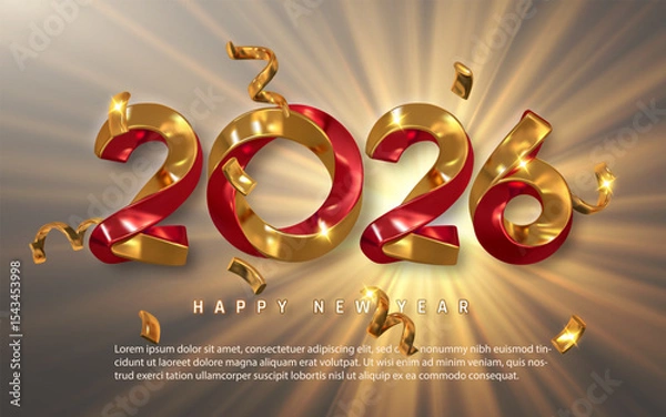 Fototapeta Luxury 2026 New Year Design With Shiny Golden And Red 3D Numbers, Sparkling Confetti, And Light Rays On Elegant Background. Perfect Festive Template. Vector Illustration