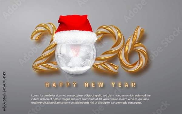 Fototapeta Christmas 2026 Candy Cane Gold Numbers With Santa Hat And Snow Globe On Gray Background. Festive Holiday Greeting For Winter Celebrations. Vector Illustration