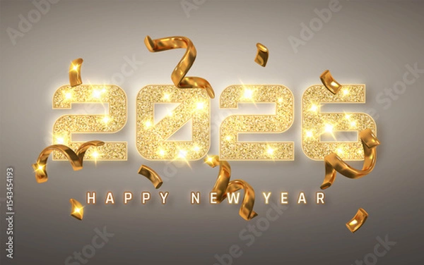 Fototapeta New Year 2026 Celebration With Golden Glitter Numbers, Sparkling Lights And Confetti On Elegant Background. Perfect For Holiday Design And Party Invitations. Vector Illustration