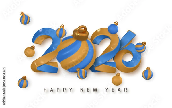 Fototapeta New Year 2026 Celebration With Golden And Blue Christmas Baubles, Festive 3D Typography, And Holiday Ornaments. Stylish Seasonal Design. Vector Illustration