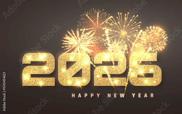 Fototapeta New Year 2026 Celebration with Sparkling Gold Numbers, Fireworks, and Dark Background. Festive Holiday Party Night Scene. Vector Illustration