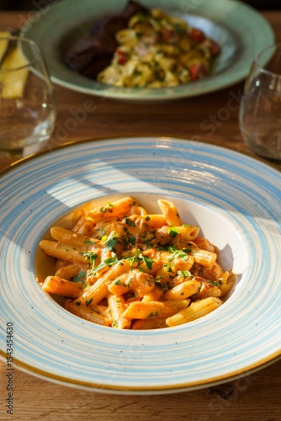 Obraz Creamy penne pasta with sausage and herbs