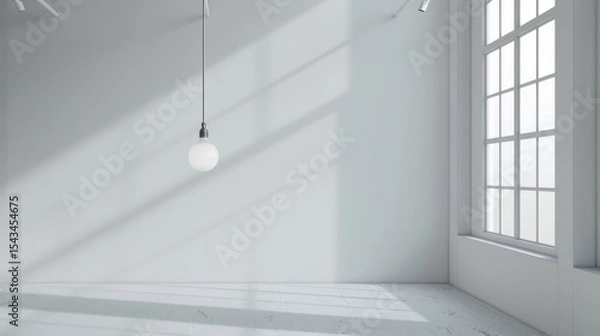 Obraz A minimalist white room with a hanging light bulb, casting soft shadows and sunlight, showcasing simplicity and spaciousness in design.
