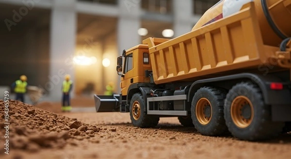 Fototapeta Construction Site Detailed View of a Dump Truck and Workers on a Busy Construction Project