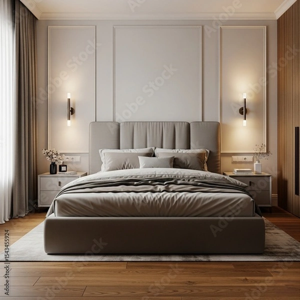 Obraz Modern bedroom with upholstered headboard, wall sconces, neutral bedding