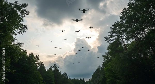 Obraz Drones silhouetted against a forest canopy and cloudy sky, Drones Flying