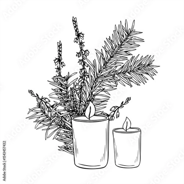 Fototapeta Scandinavian Christmas monochrome vector illustration painted by black inks. Candles in glass cups with fir branches and heather. For holiday design, festive decor, spa and wellness, aromatherapy