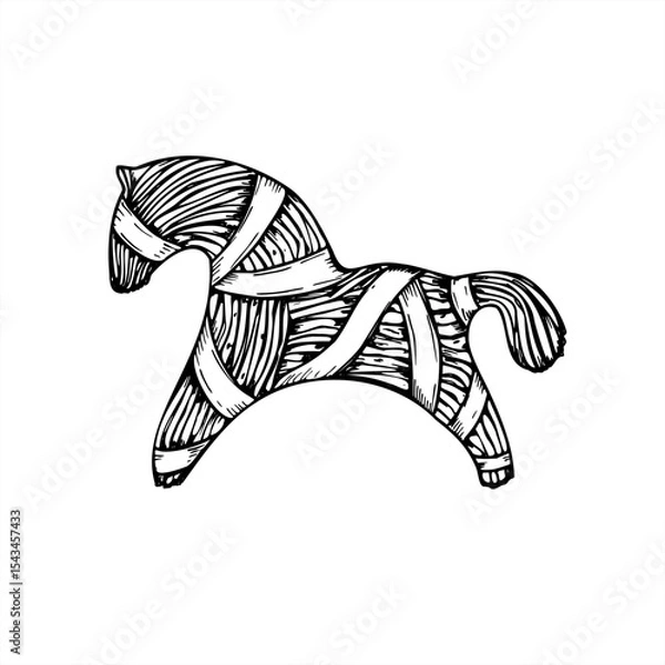 Fototapeta Scandinavian Christmas straw horse with ribbons monochrome vector illustration. Rustic handmade animal for holiday cards, Nordic decor, festive packaging, and traditional Yule designs.